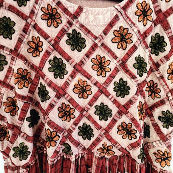 Vtg Embroidered Tie Dye Plaid Empire Waist Short Sleeve Maxi Dress Sz S Boho Y2K - Picture 7 of 16